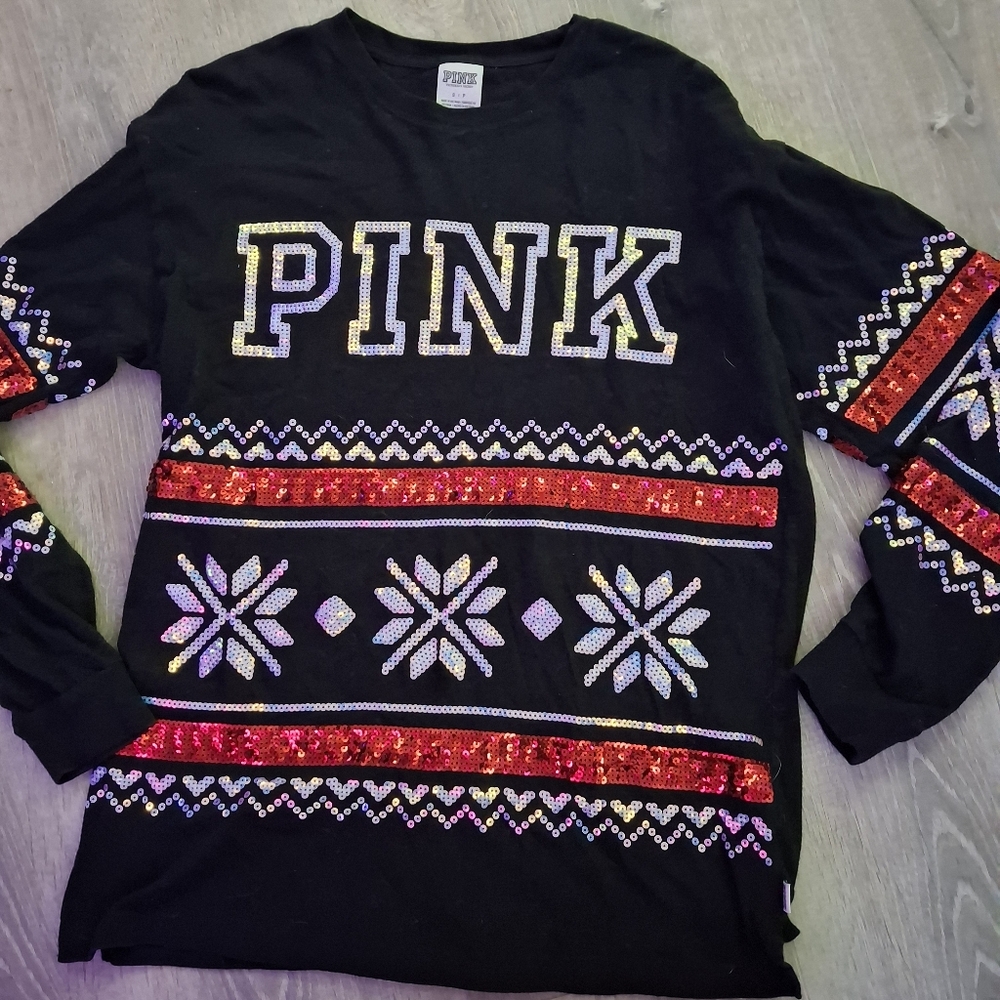 Victoria's Secret PINK black sequin sweater Size Small christmas #glamour #party